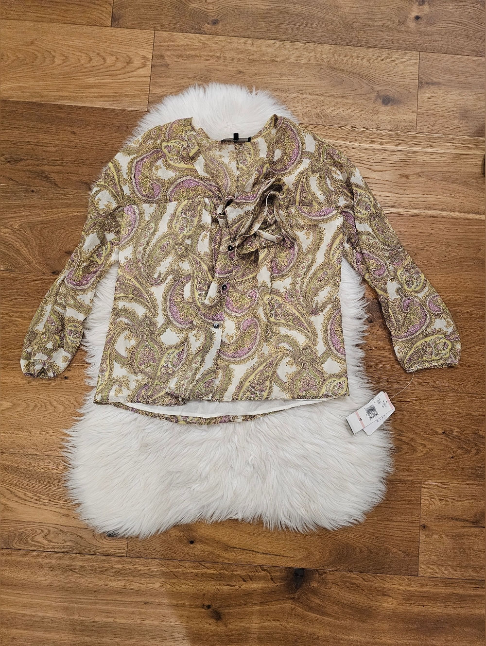 Retro Paisley Ruffle Tie-Neck Blouse Jacket with Gold & Pink Accents